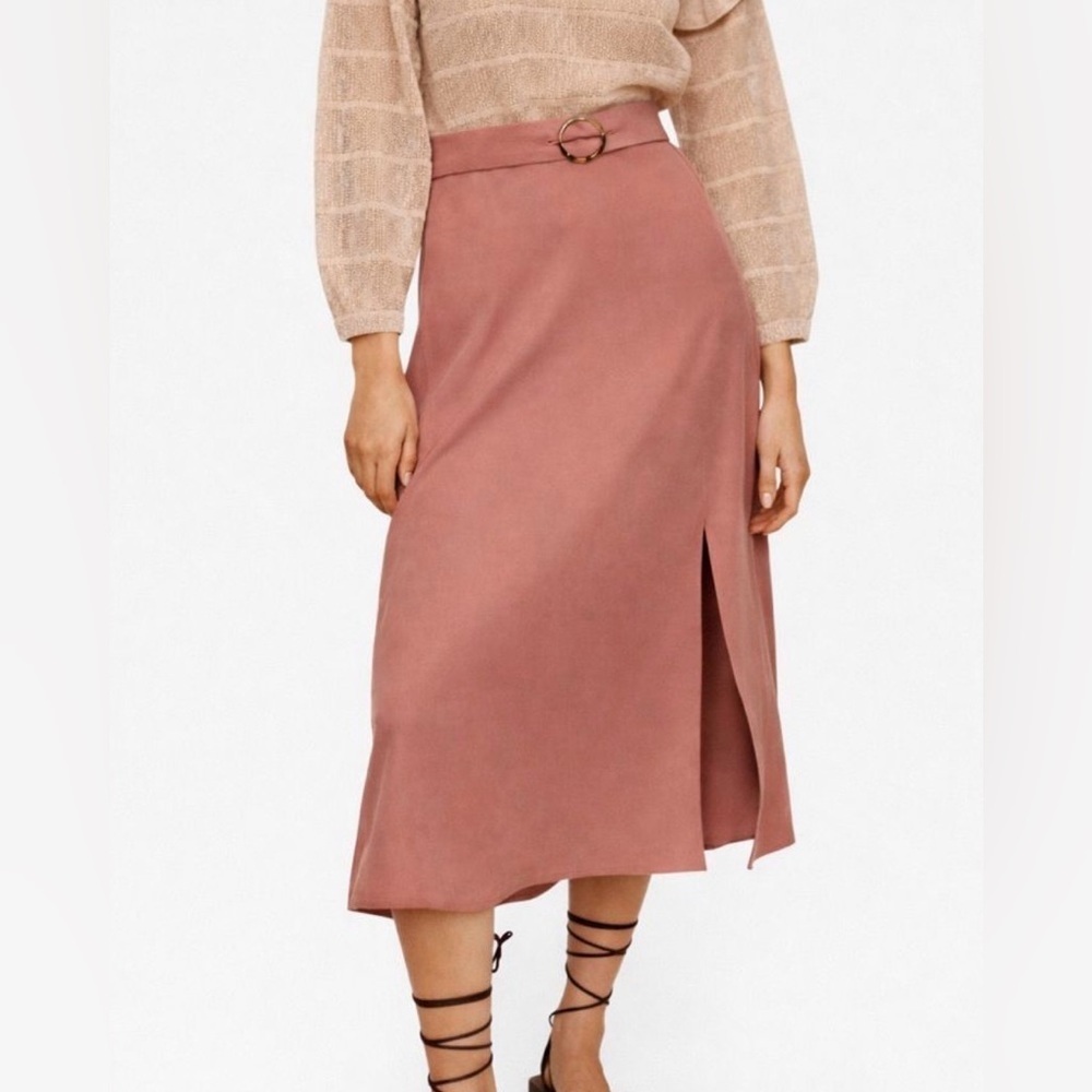 Mango A Line Pink Midi Maxi Belted Skirt Front Side Slit Size Small